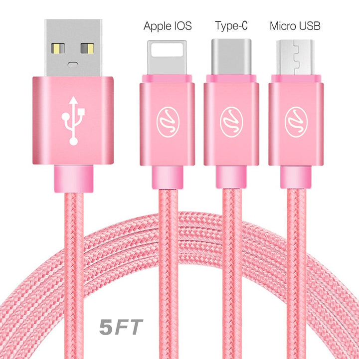 3in1 USB Braided Round Data Cable 5Ft Image 1