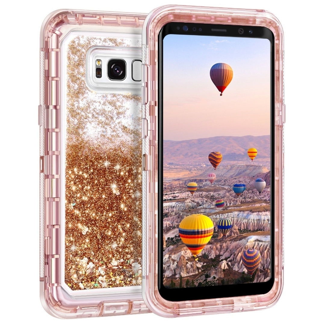 Samsung Galaxy S8 / G950 Tough Defender Sparkling Liquid Glitter Heart Case With Transparent Image 2