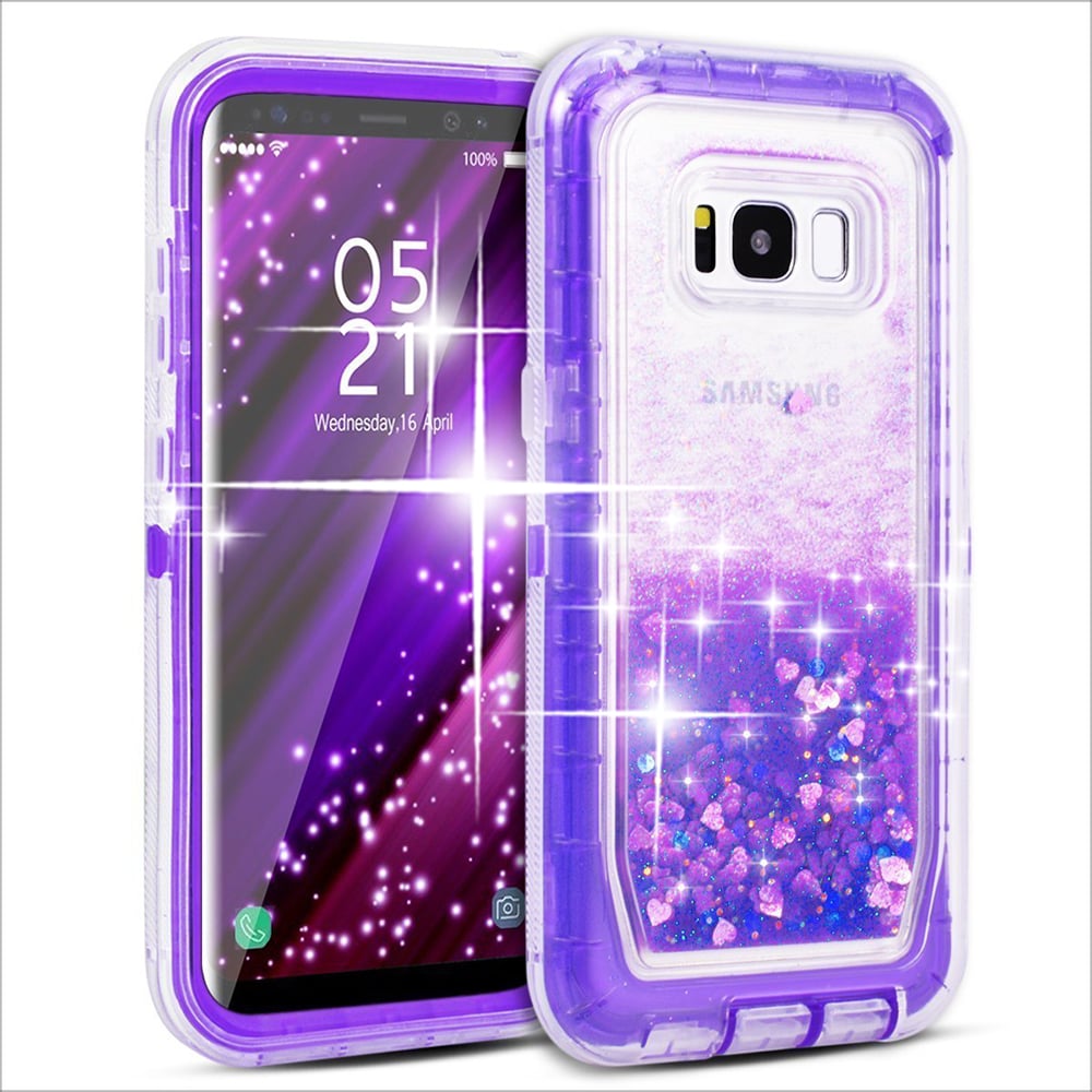 Samsung Galaxy S8 / G950 Tough Defender Sparkling Liquid Glitter Heart Case With Transparent Image 1