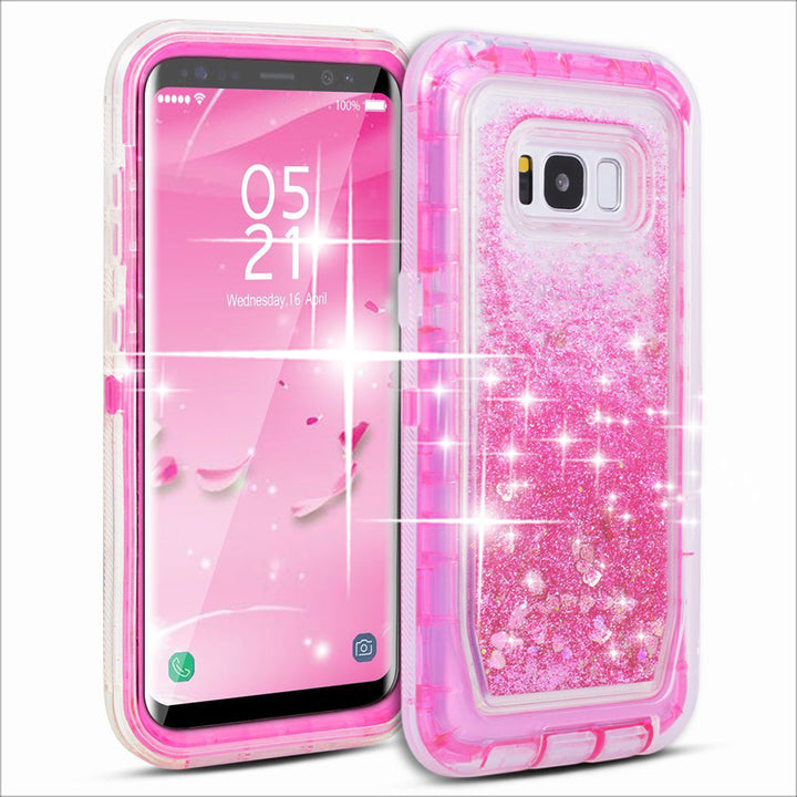 Samsung Galaxy S8 Plus / G955 Tough Defender Sparkling Liquid Glitter Heart Case With Transparent Image 3