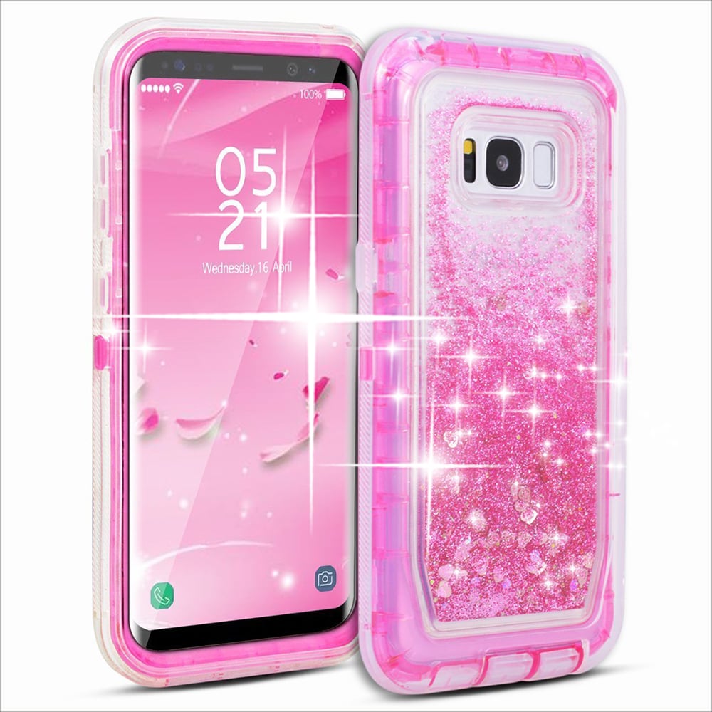 Samsung Galaxy S8 Plus / G955 Tough Defender Sparkling Liquid Glitter Heart Case With Transparent Image 1