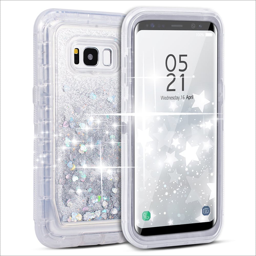 Samsung Galaxy S8 Plus / G955 Tough Defender Sparkling Liquid Glitter Heart Case With Transparent Image 1