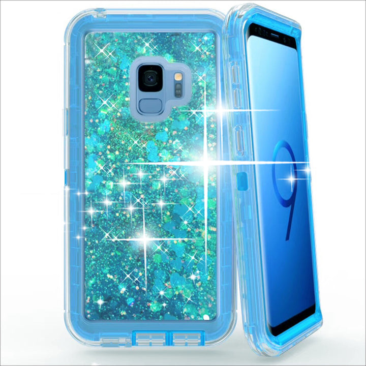 Samsung Galaxy S9 Tough Defender Sparkling Liquid Glitter Heart Case With Transparent Image 1