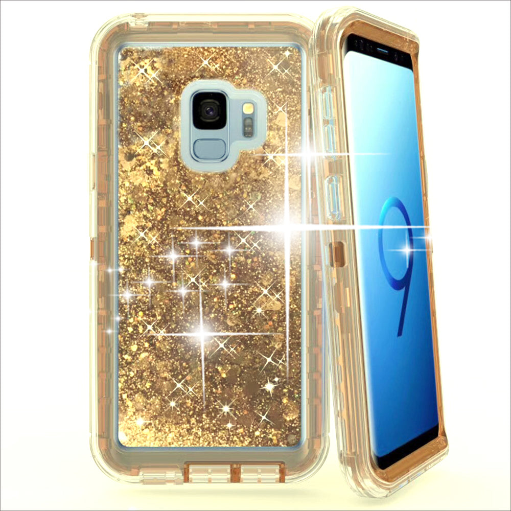 Samsung Galaxy S9 Tough Defender Sparkling Liquid Glitter Heart Case With Transparent Image 2