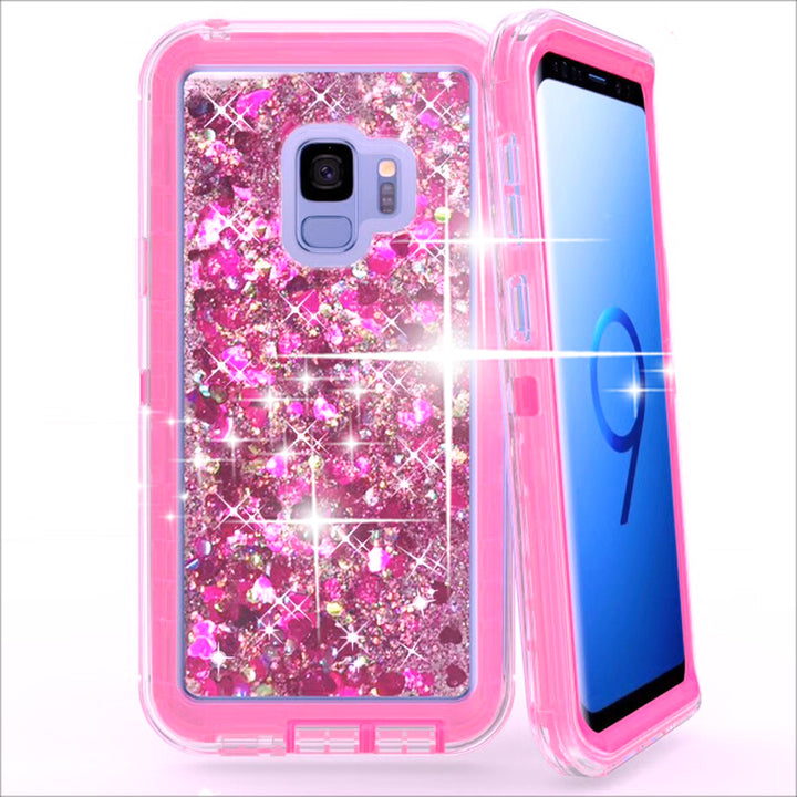 Samsung Galaxy S9 Tough Defender Sparkling Liquid Glitter Heart Case With Transparent Image 3