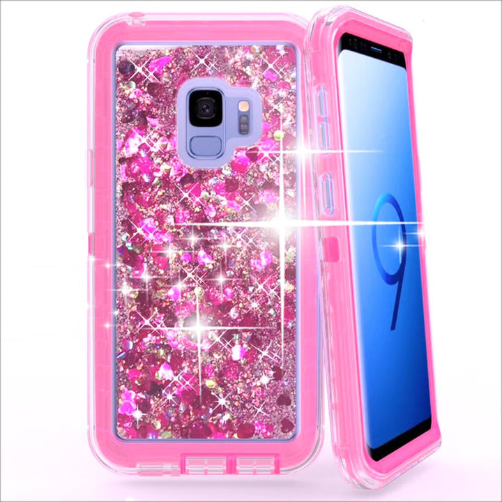 Samsung Galaxy S9 Tough Defender Sparkling Liquid Glitter Heart Case With Transparent Image 1