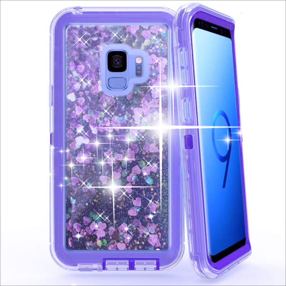 Samsung Galaxy S9 Tough Defender Sparkling Liquid Glitter Heart Case With Transparent Image 4