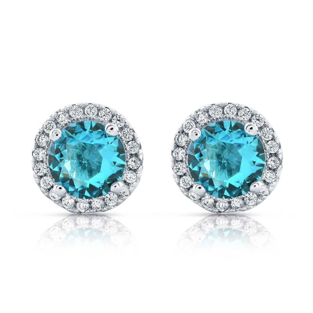 Halo CZ Aquamarine Stud Earrings White sterling Silver Gold Tone Image 1