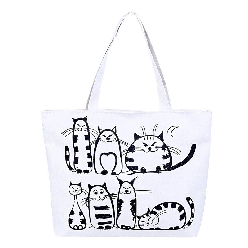 Casual Canvas Cartoon Cat Print Women Handbag Shoulder Bag Image 1