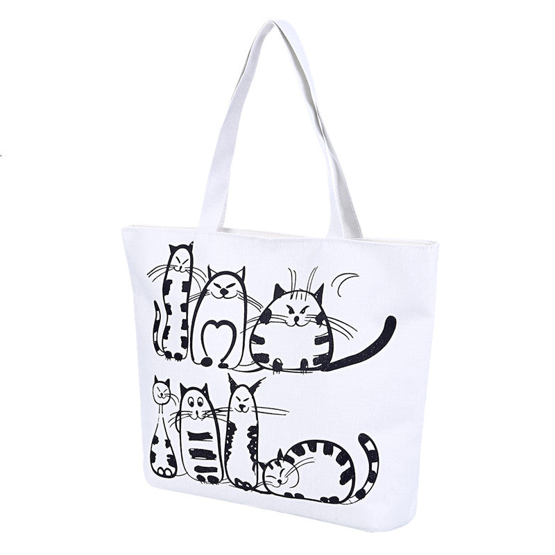 Casual Canvas Cartoon Cat Print Women Handbag Shoulder Bag Image 2