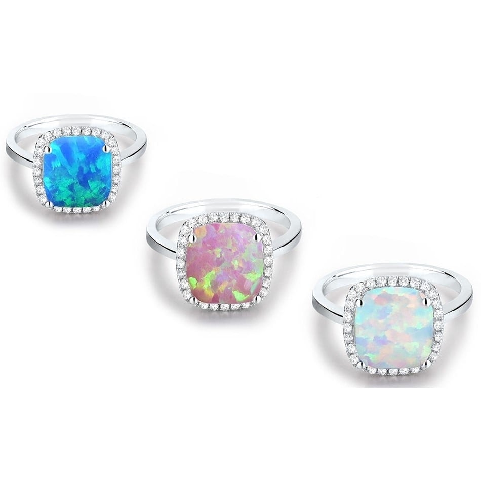 18k White Gold Plated Opal Cushion Cut Ring White Pink Blue AAA CZ Sizes 6-9 Image 1