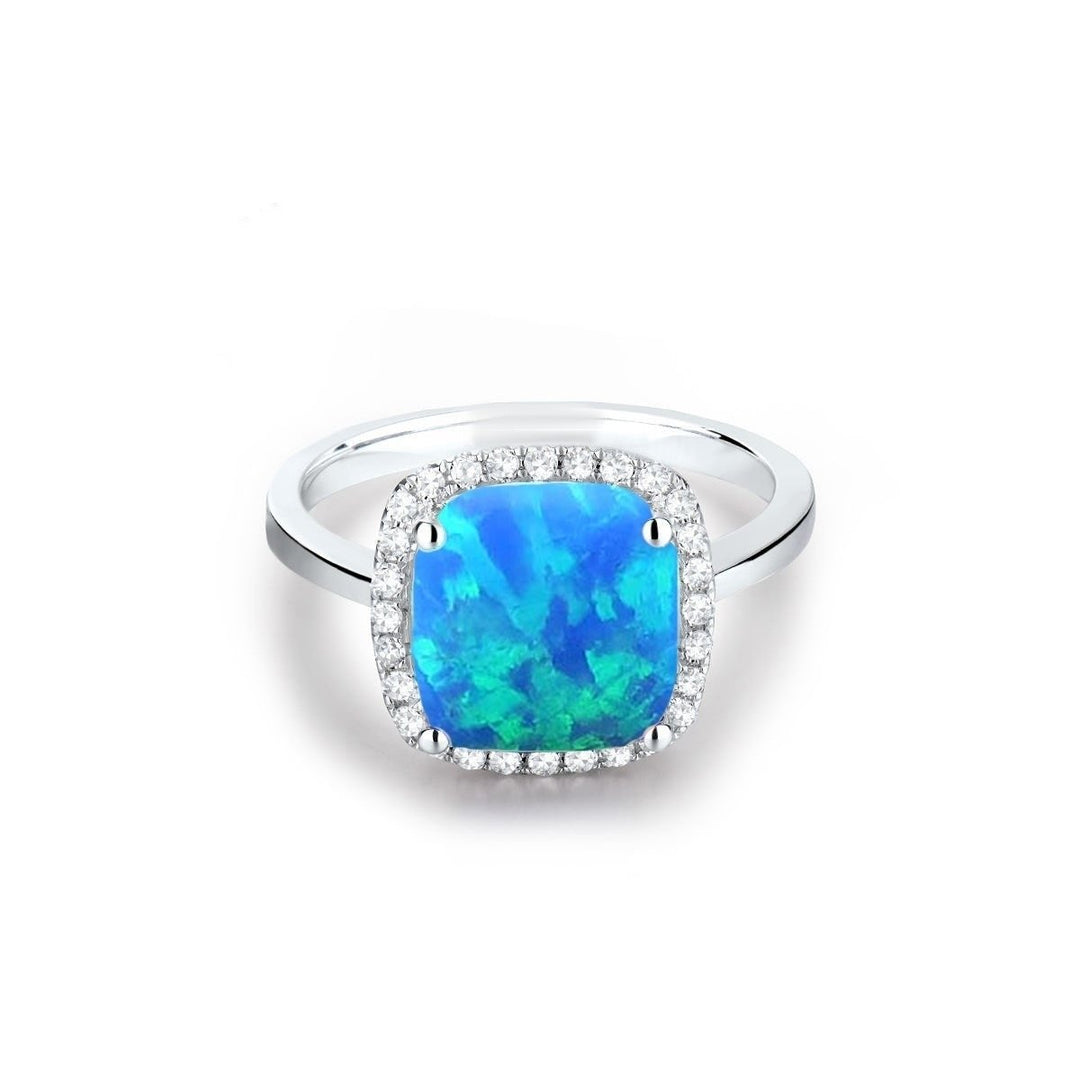 18k White Gold Plated Opal Cushion Cut Ring White Pink Blue AAA CZ Sizes 6-9 Image 3