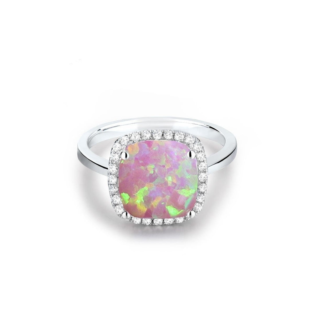 18k White Gold Plated Opal Cushion Cut Ring White Pink Blue AAA CZ Sizes 6-9 Image 4