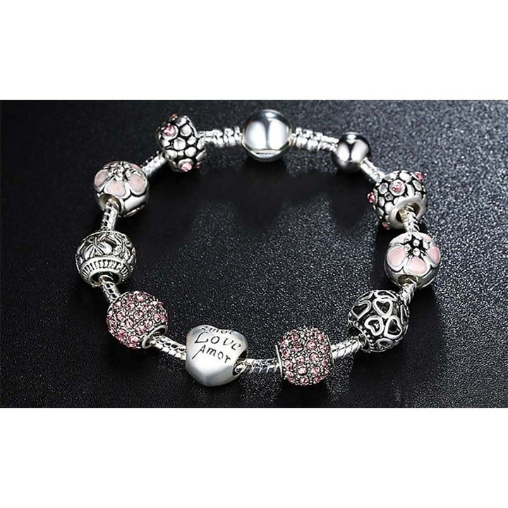 Pink Swarovski Crystal Love Heart Charm Bracelet 18K White Gold Plated Image 2