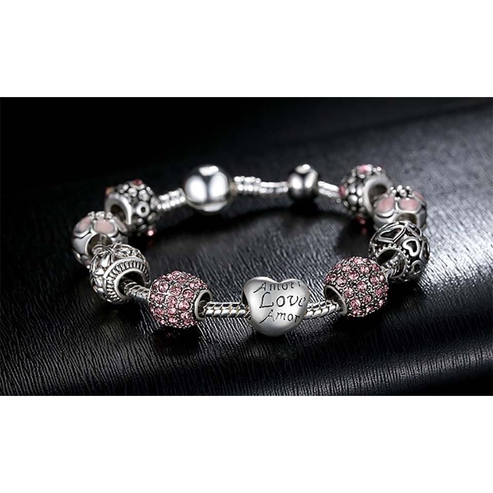 Pink Swarovski Crystal Love Heart Charm Bracelet 18K White Gold Plated Image 3