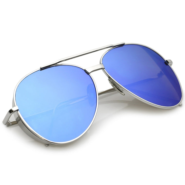 Classic Crossbar Metal Aviator Sunglasses Slim Arms Color Mirrored Teardrop Flat Lens 56mm Image 4