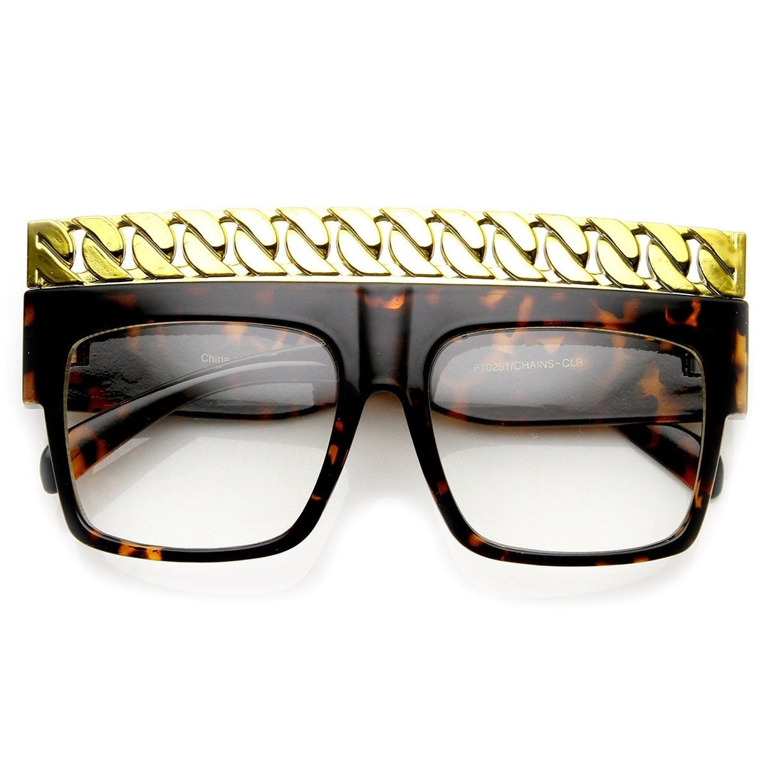 High Fashion Bold Chain Top Square Clear Lens Sunglasses Image 1