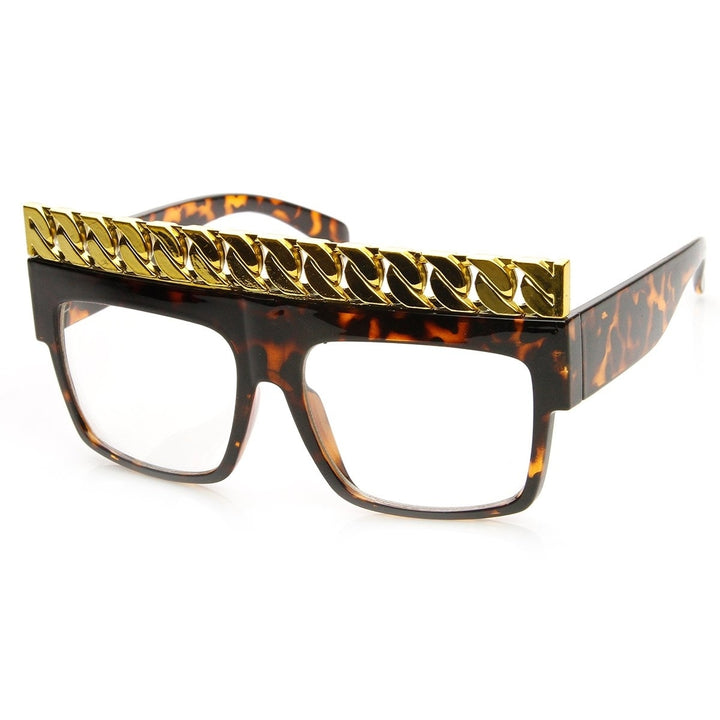 High Fashion Bold Chain Top Square Clear Lens Sunglasses Image 2