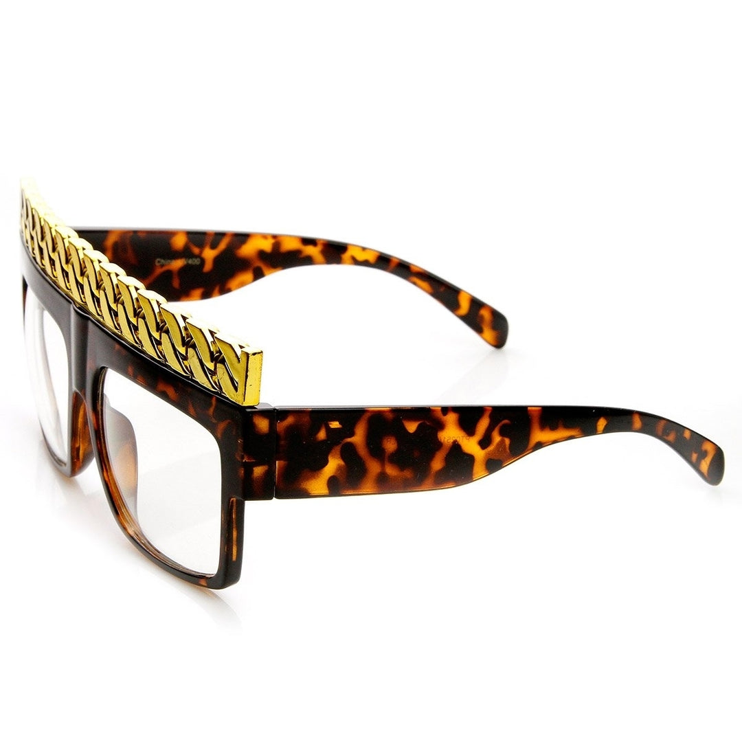 High Fashion Bold Chain Top Square Clear Lens Sunglasses Image 3
