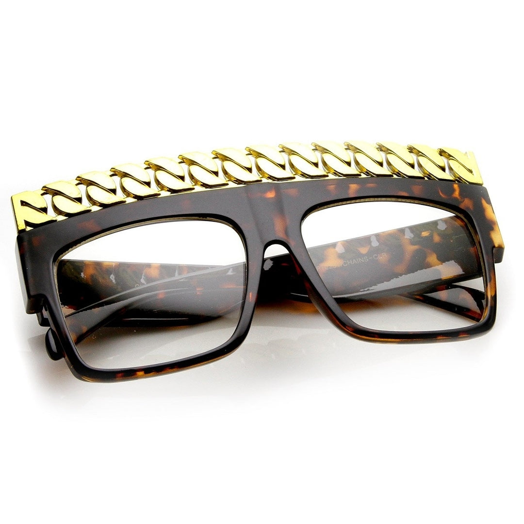 High Fashion Bold Chain Top Square Clear Lens Sunglasses Image 4