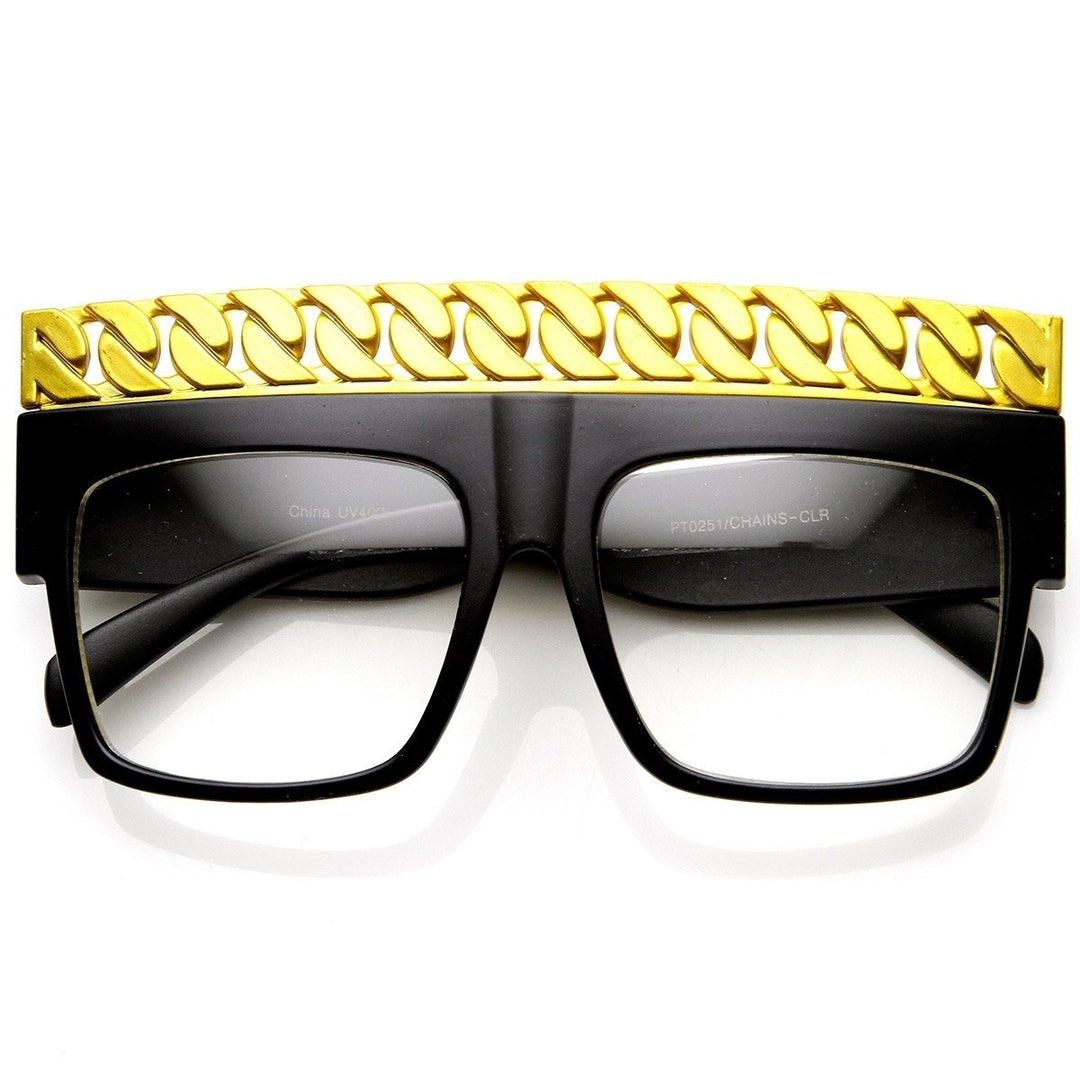 High Fashion Bold Chain Top Square Clear Lens Sunglasses Image 4