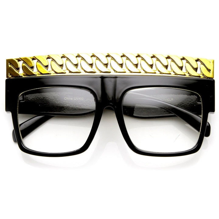 High Fashion Bold Chain Top Square Clear Lens Sunglasses Image 6