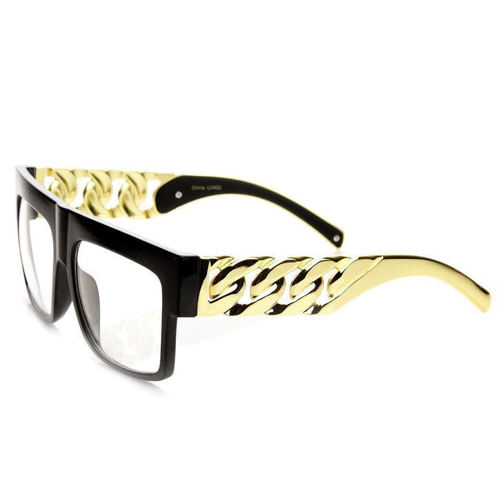 High Fashion Metal Chain Arm Clear Lens Flat Top Aviator Glasses Image 4