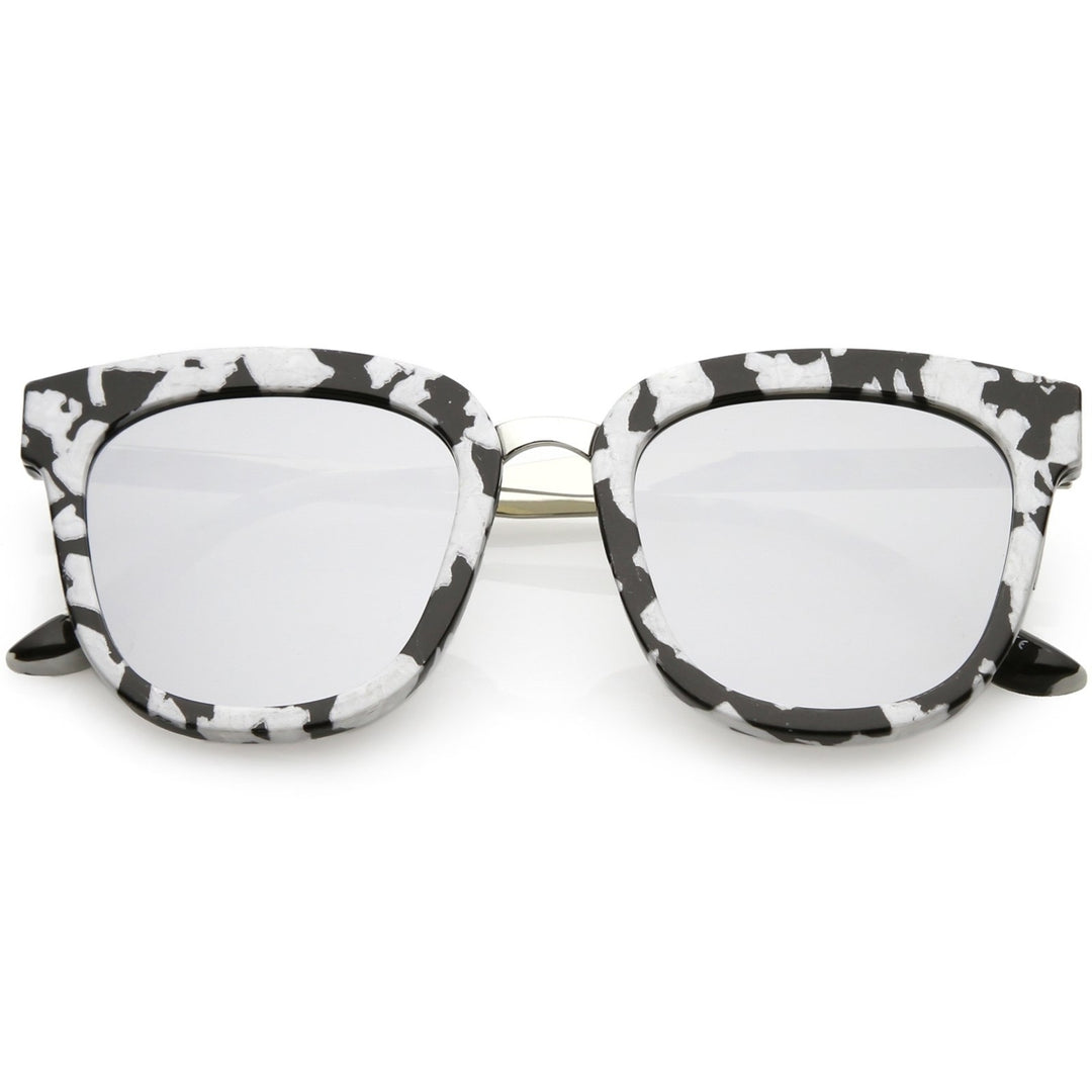 Marble Printed Horn Rimmed Sunglasses Metal Nose Bridge Colored Mirror Square Flat Lens 49mm Image 1