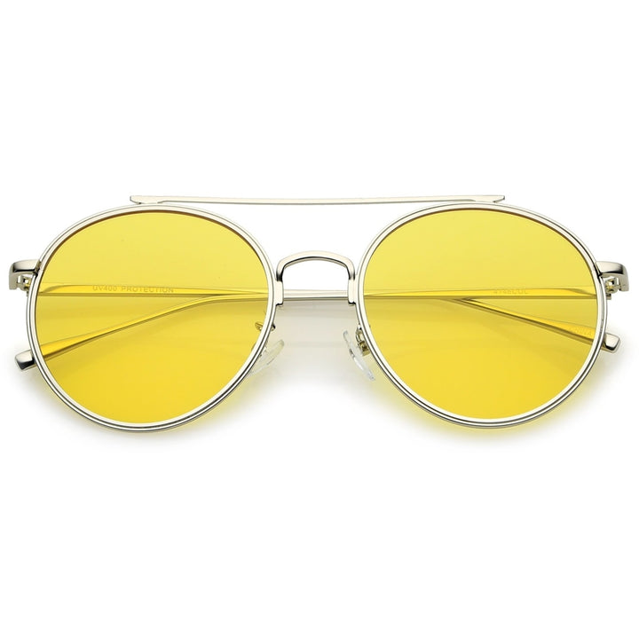 Modern Metal Crossbar Slim Temple Colored Flat Lens Round Aviator Sunglasses 54mm Image 6