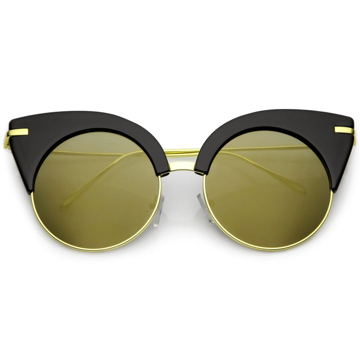 Oversize Half Frame Cat Eye Sunglasses Ultra Slim Arms Round Mirrored Flat Lens 54mm Image 1