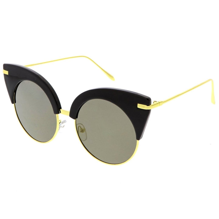 Oversize Half Frame Cat Eye Sunglasses Ultra Slim Arms Round Mirrored Flat Lens 54mm Image 2