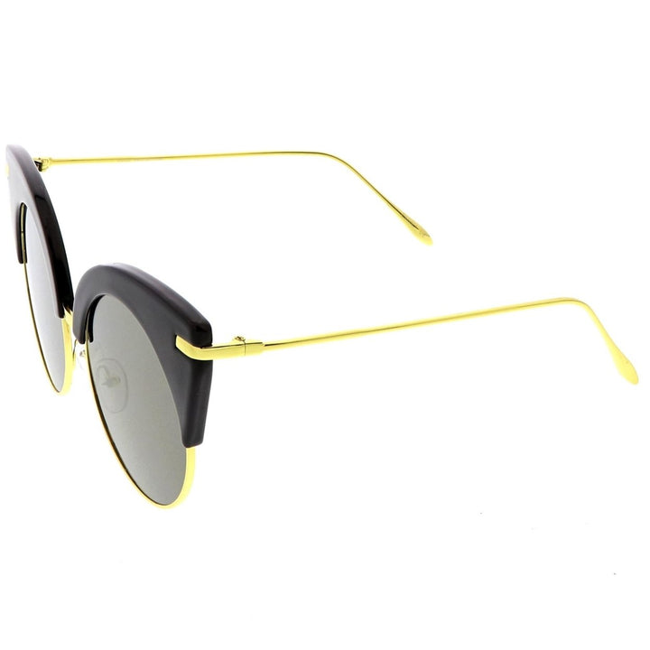 Oversize Half Frame Cat Eye Sunglasses Ultra Slim Arms Round Mirrored Flat Lens 54mm Image 3