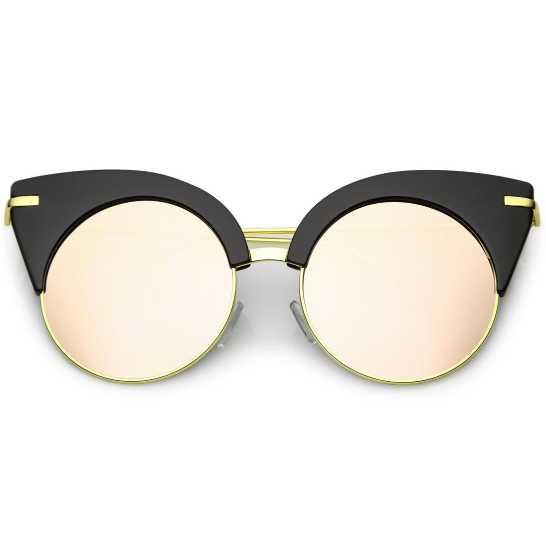 Oversize Half Frame Cat Eye Sunglasses Ultra Slim Arms Round Mirrored Flat Lens 54mm Image 6