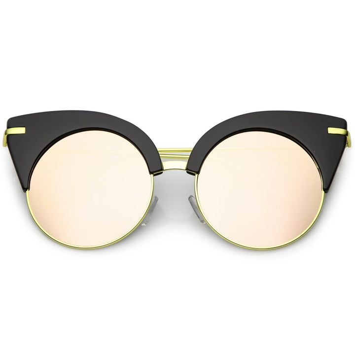 Oversize Half Frame Cat Eye Sunglasses Ultra Slim Arms Round Mirrored Flat Lens 54mm Image 6
