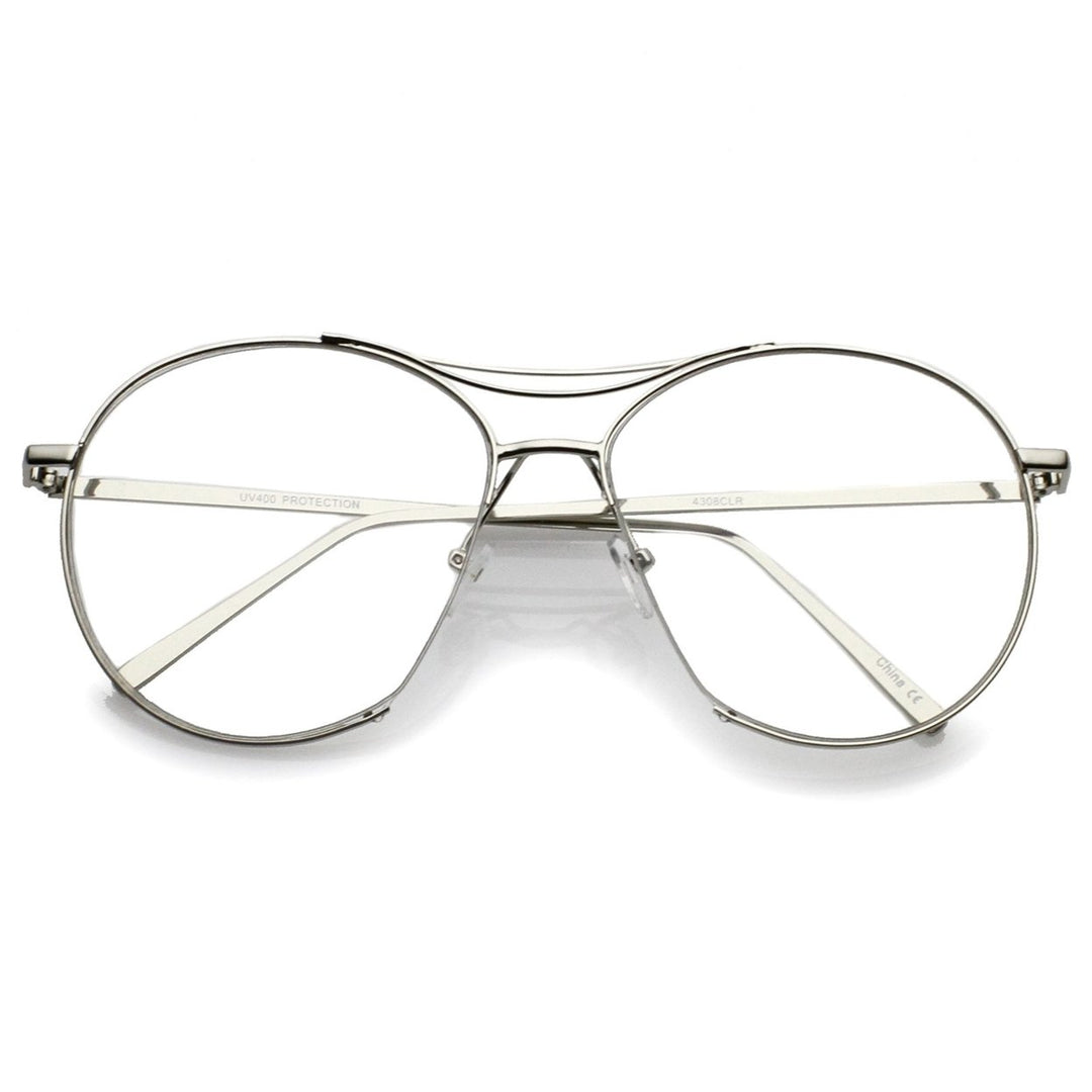 Oversize Semi-Rimless Brow Bar Round Clear Flat Lens Aviator Eyeglasses 59mm Image 4