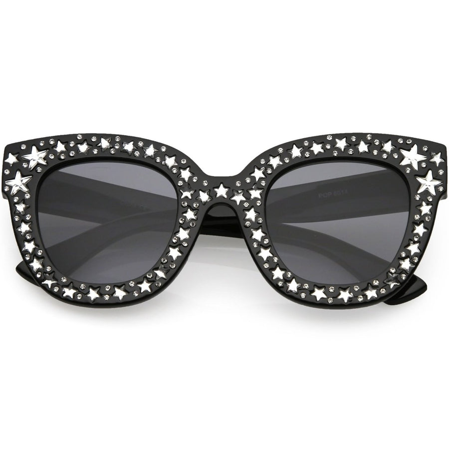 Oversize Rhinestone Cat Eye Sunglasses Square Lens 48mm UV Protection Wide Arms Image 1