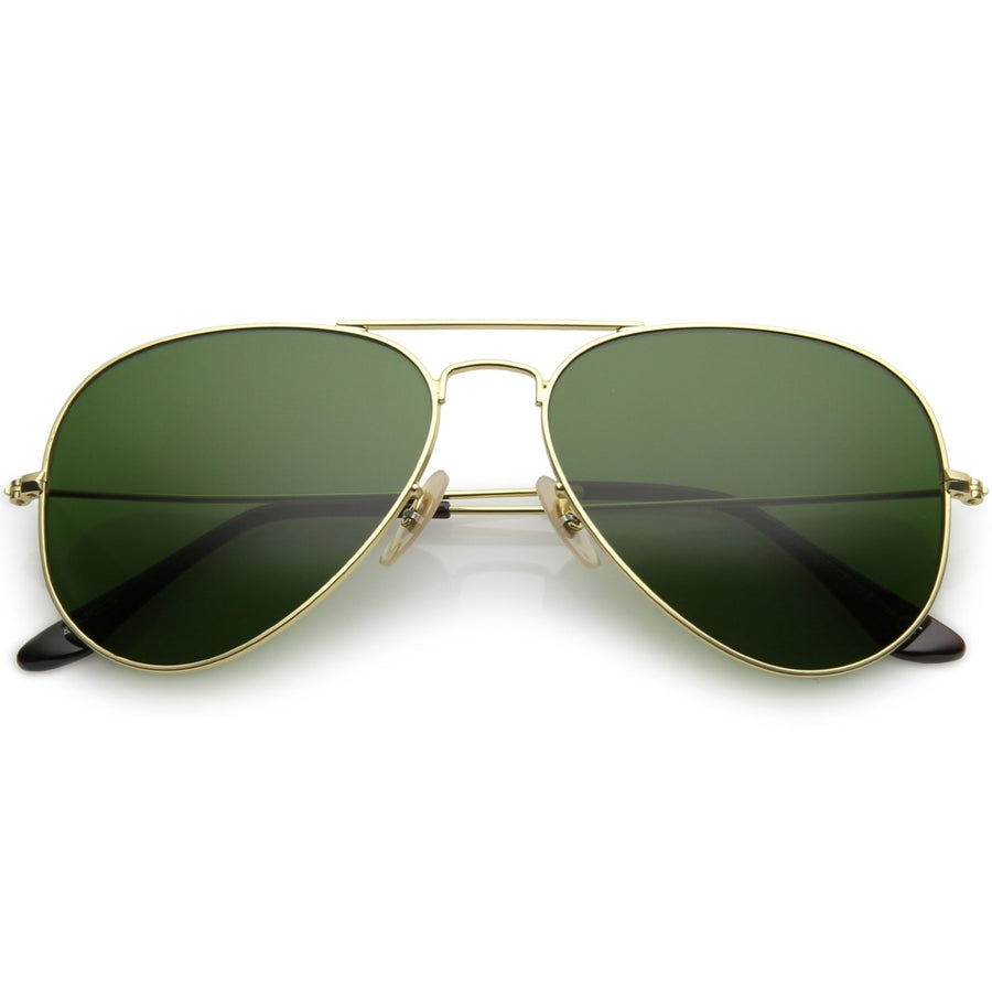 Premium Small Classic Matte Metal Aviator Sunglasses With Green Tinted Glass Lens 57mm Image 1