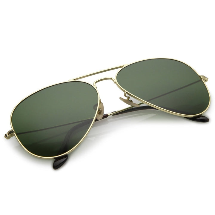 Premium Small Classic Matte Metal Aviator Sunglasses With Green Tinted Glass Lens 57mm Image 4