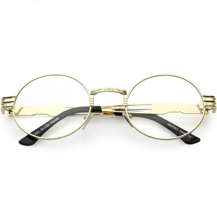 Steampunk Oval Eyeglasses with Engraved Metal Detail Clear Lens 60mm Image 4