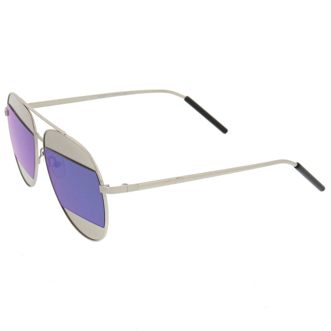 Two-Toned Matte Metal Brow Bar Color Split Mirror Lens Aviator Sunglasses 57mm Image 3