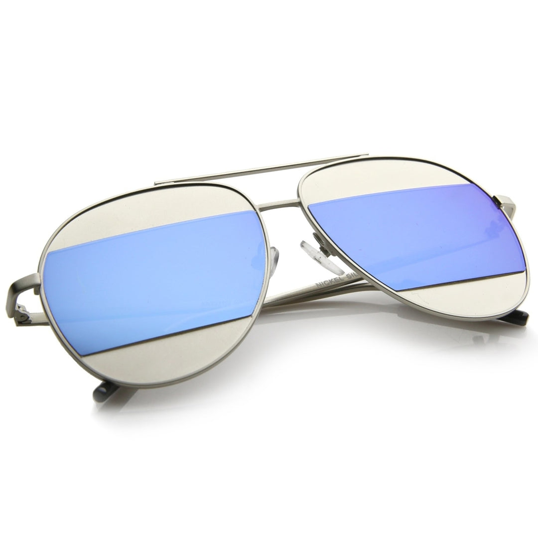 Two-Toned Matte Metal Brow Bar Color Split Mirror Lens Aviator Sunglasses 57mm Image 4