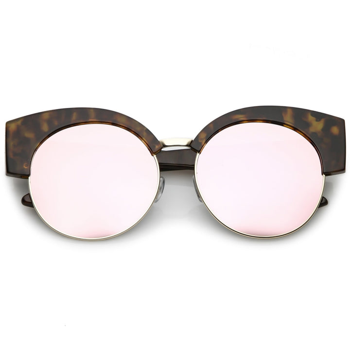 Womens Half Frame Oversize Cat Eye Sunglasses Round Mirrored Flat Lens 59mm Image 1