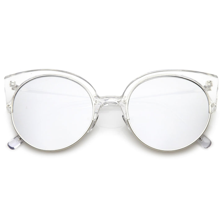 Womens Half Frame Cat Eye Sunglasses Ultra Slim Arms Mirrored Round Flat Lens 53mm Image 6