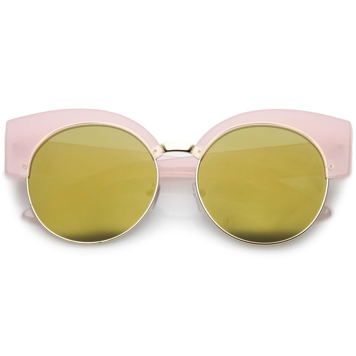 Womens Half Frame Oversize Cat Eye Sunglasses Round Mirrored Flat Lens 59mm Image 4