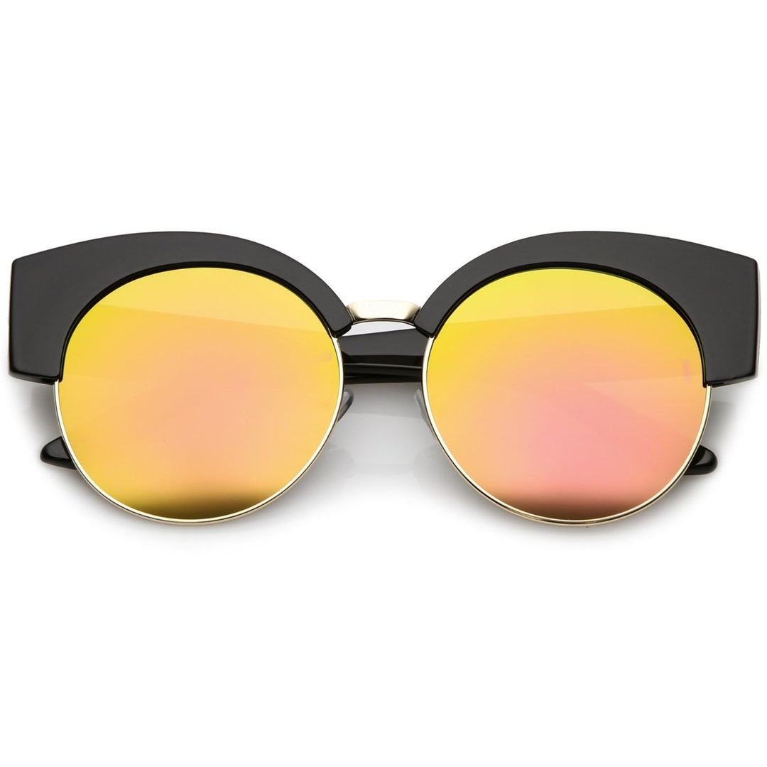 Womens Half Frame Oversize Cat Eye Sunglasses Round Mirrored Flat Lens 59mm Image 6
