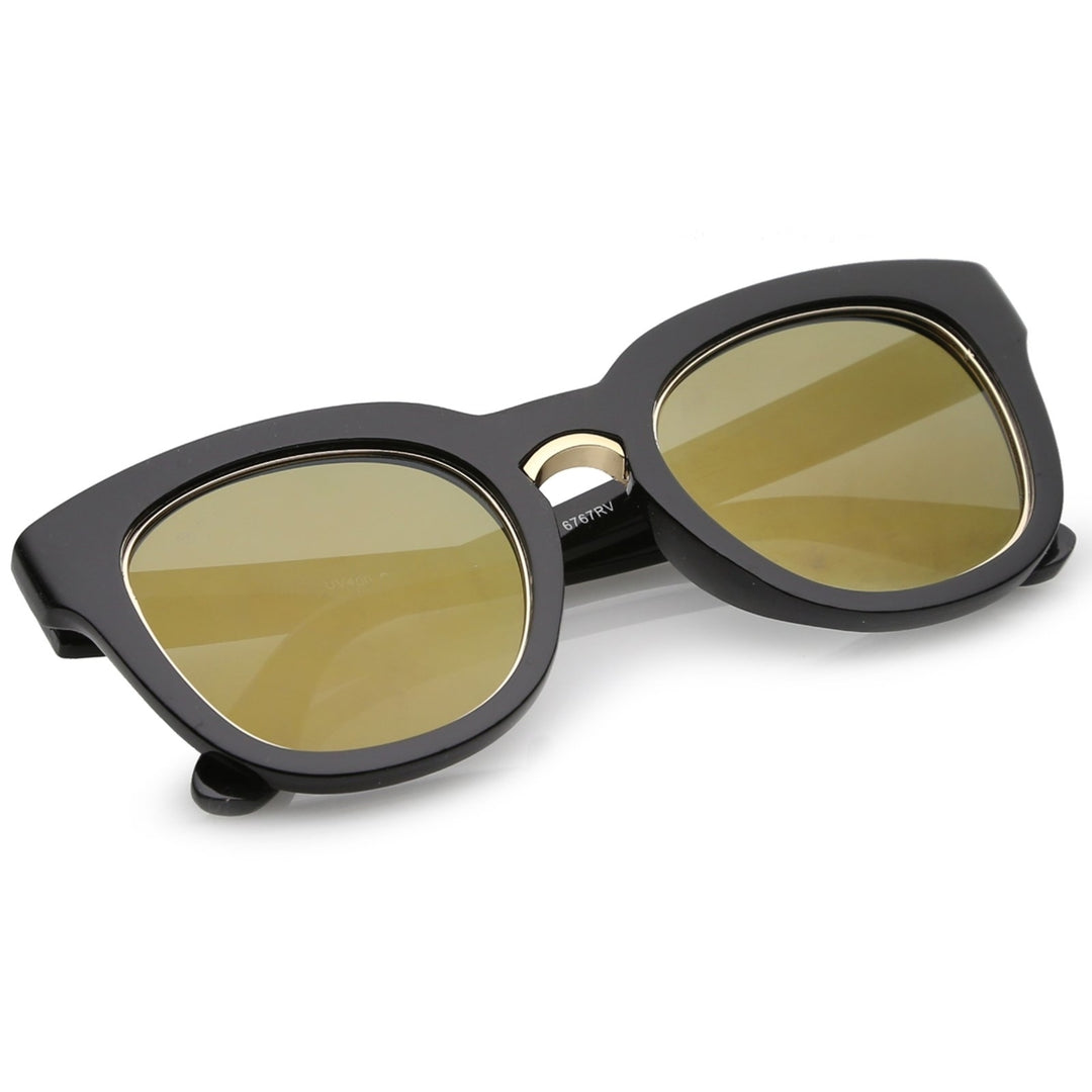 Womens Metal Bridge Trim Colored Mirror Flat Lens Cat Eye Sunglasses 50mm Image 4