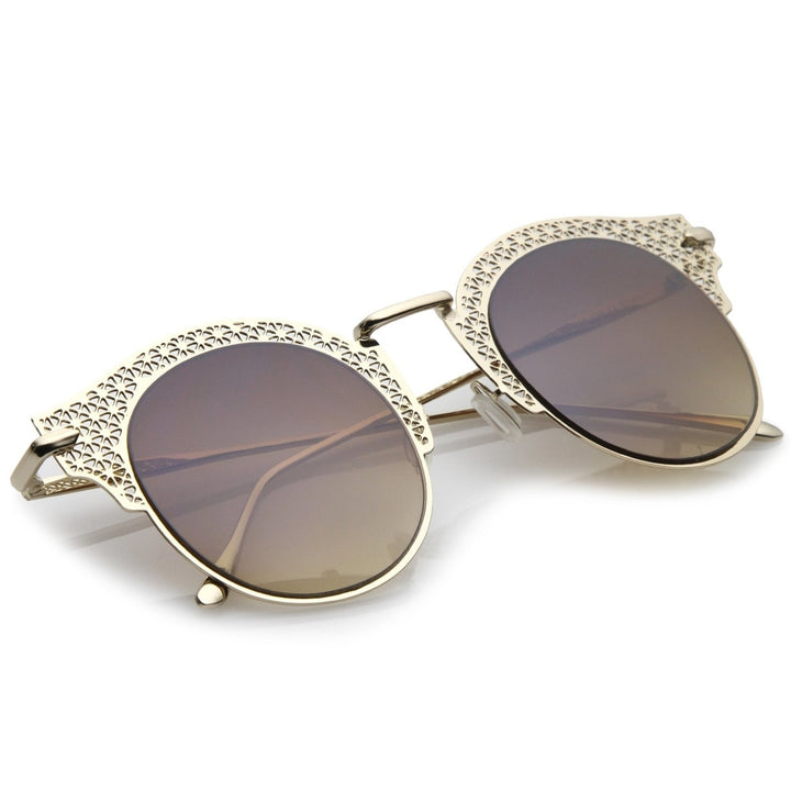 Womens Open Metal Cutout Slim Arm Round Flat Lens Half Frame Sunglasses 50mm Image 4