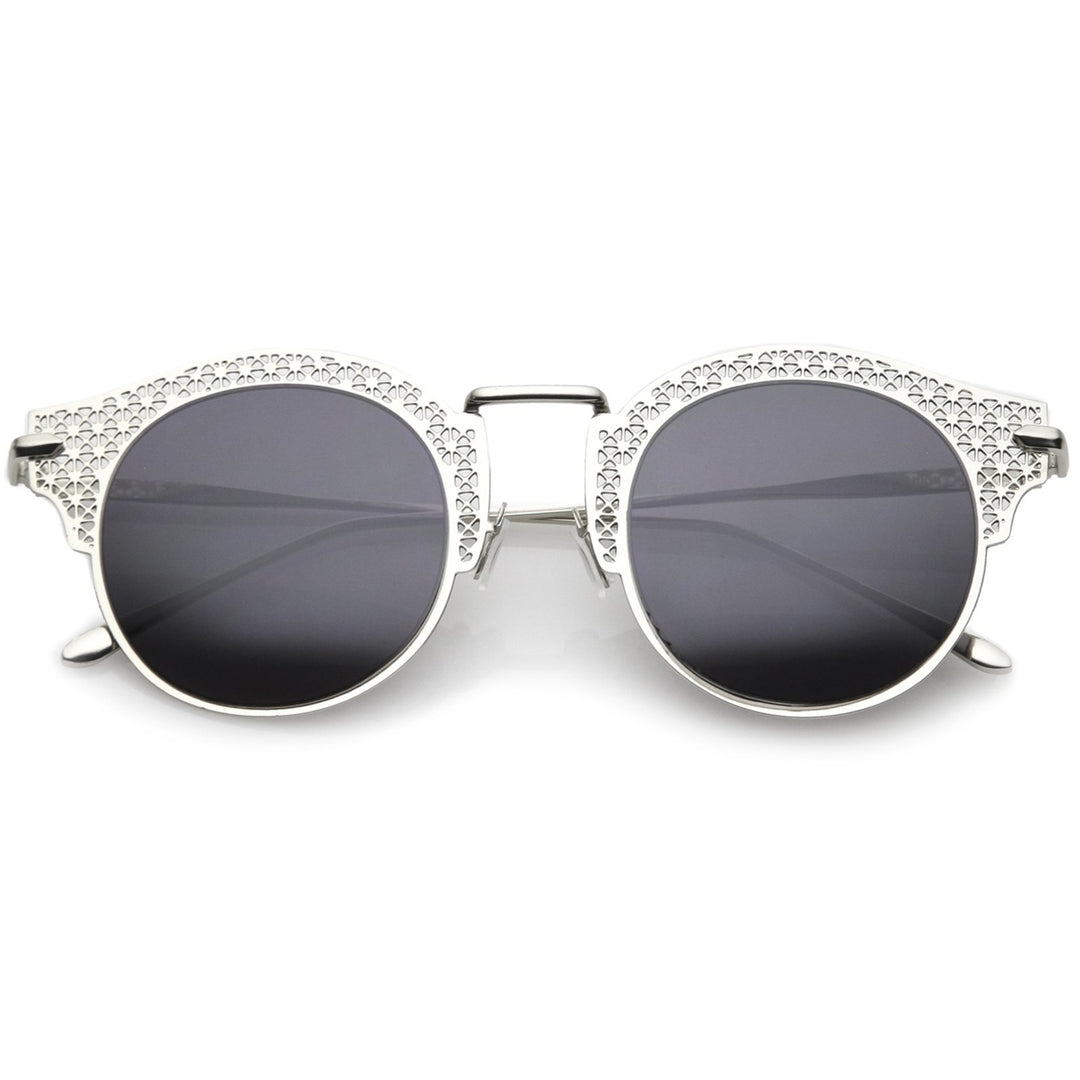 Womens Open Metal Cutout Slim Arm Round Flat Lens Half Frame Sunglasses 50mm Image 6