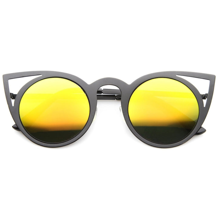 Womens Fashion Round Metal Cut-Out Flash Mirror Lens Cat Eye Sunglasses Image 4