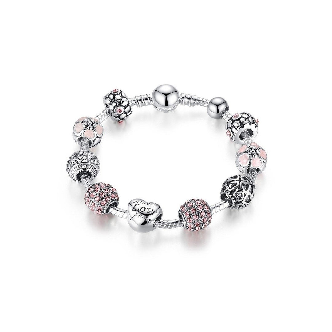 Pink Swarovski Crystal Love Heart Charm Bracelet 18K White Gold Plated Image 1